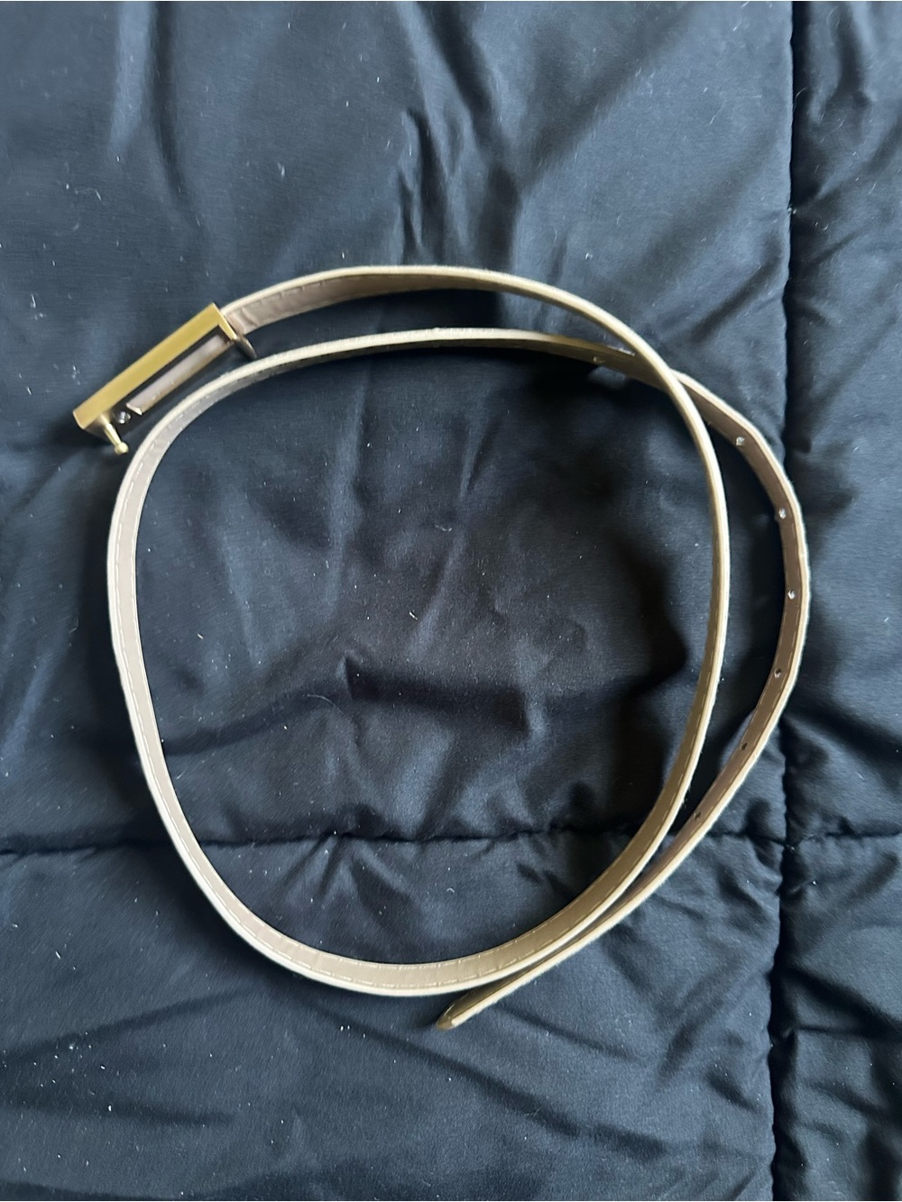 Slim Beige Leather Belt with Gold Rectangular Buckle